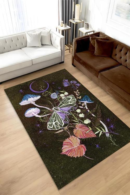 Mikro Orman Koyu Renkli Mantarlı Mutfak Halısı Siyah Mantar Baskılı Özel Tasarım Halı