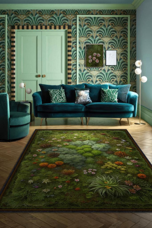 Art Deco Yosun Halısı Bitki Temalı Soft Yeşil Renkli Etnik Dijital Baskılı Çiçekli Halı
