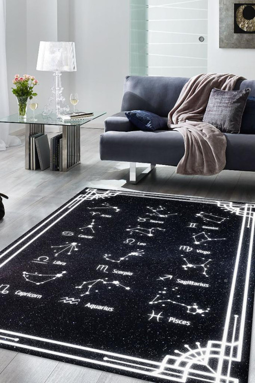 Burçular ve Astroloji Temalı Halı Burç Halısı Burç Temalı Hediyelik Halı Siyah Renk Halı