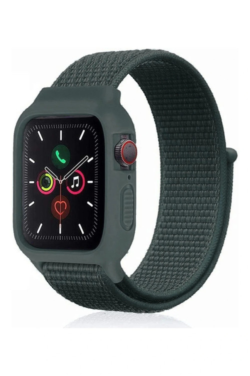 Apple Watch 38mm Hasırlı Cırtcırtlı Kasalı Kordon - Haki Yeşil