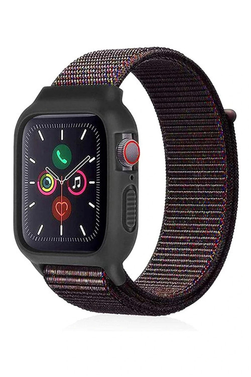 Apple Watch 38mm Hasırlı Cırtcırtlı Kasalı Kordon - Siyah-Mavi