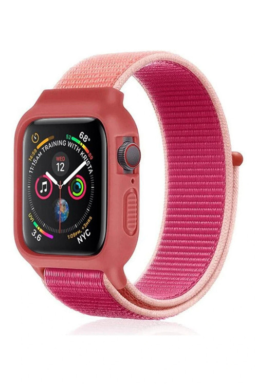Apple Watch 38mm Hasırlı Cırtcırtlı Kasalı Kordon - Pudra