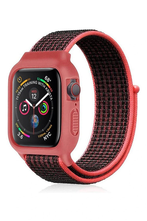 Apple Watch 42mm Hasırlı Cırtcırtlı Kasalı Kordon - Siyah-Pembe