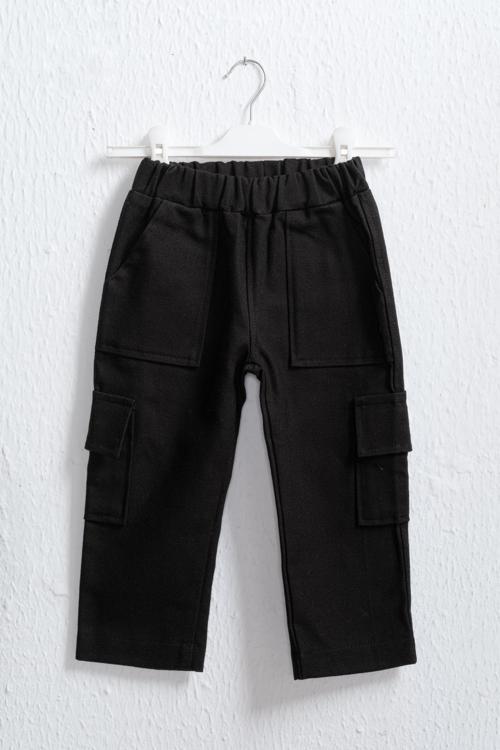 Çocuk Siyah Kargo Pantolon – %100 Pamuk, Rahat Lastikli Bel, Cepli Erkek & Kız Çocuk Pantolonu