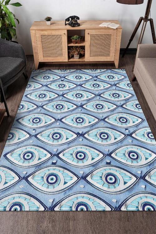 Boncuklu Nazar Temalı Salon Halısı Nazar Boncuklu Desenli Halı Renkli Oturma Odası Halısı