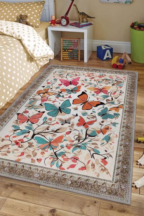 Çok Renkli Dokulu Çocuk Odası Halısı Dokuma Rustik Çocuk Halısı Kelebek Temalı Halı