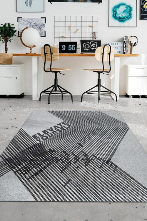 Gri Siyah Halı Modern Özel Tasarım Çizgili Ofis Halısı Dijital Geometrik Home Office Halı