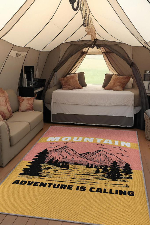 Dağ Seni Çağırıyor,Renkli,Çadır Halısı, Kamp Halısı,Seyahat Temalı Halı,Pamuklu Dokuma Tabanlı Yıkanabilir Halı