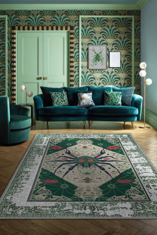 Nuh'un Gemisi Koleksiyonu Örümcek, Çiçek Desenli Art Deco Tarzı Vintage Halı,Çok Renkli Maksimalist Halı