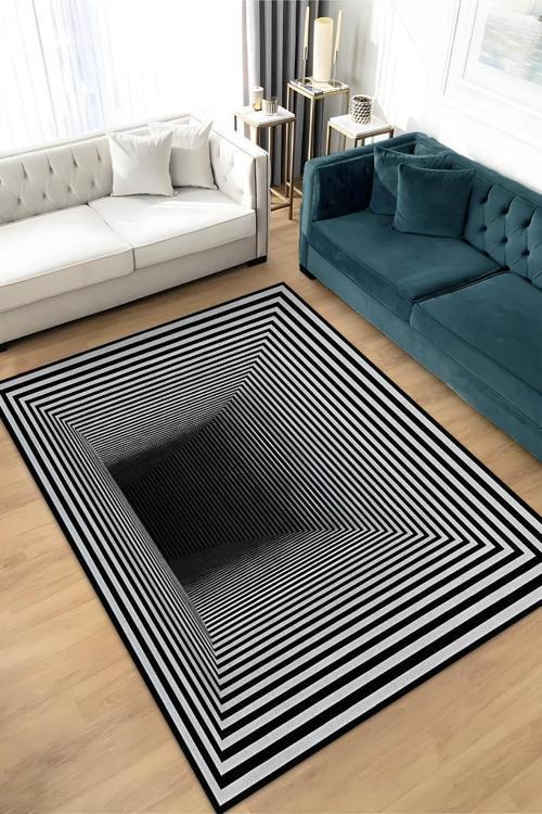 Tünel Dokuma Tabanlı Geometrik Halı Kareli Oturma Odası Halısı Siyah Beyaz Salon Halısı