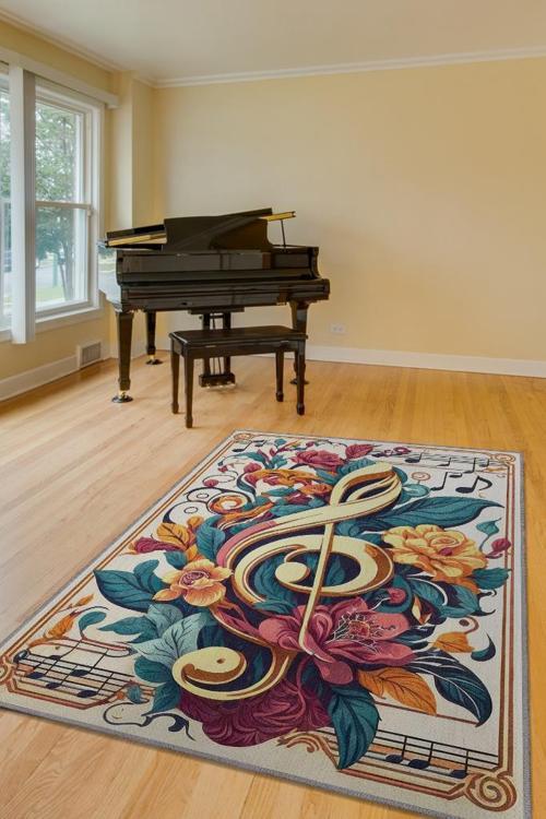 Çiçek Desenli Müzik Halısı,Sol Anahtarı ve Notalı Halı,Çok Renkli Krem Müzik Sever Halısı,Müzik Sınıfı Halısı