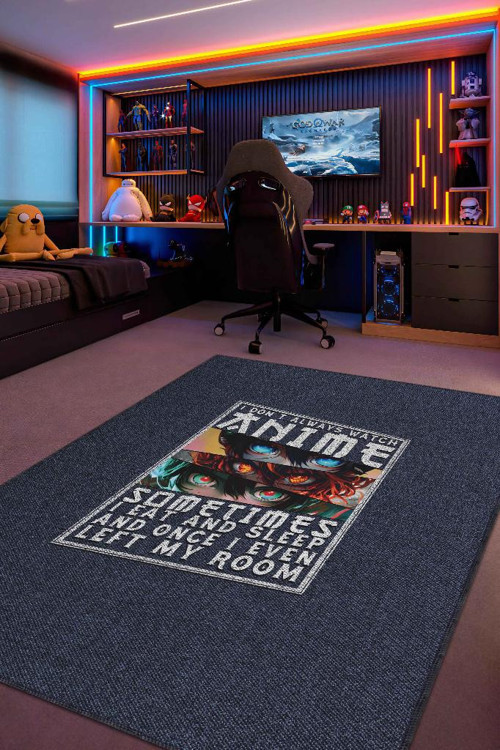Her Zaman Anime, Anime Temalı Kot Mavisi Anime Halısı, Pamuklu Dokuma Tabanlı Yıkanabilir Oturma Odası Halısı