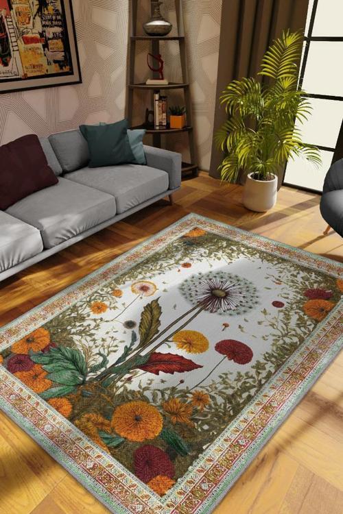 Art Deco Karahindiba Vintage Halı Görünümlü Dijital Baskı Renkli Halı,Rustik Çiçekli Halı