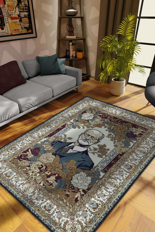 Freud ,Modern Çiçek Desenli Art Deco Vintage Halı,Çok Renkli Maksimalist Halı