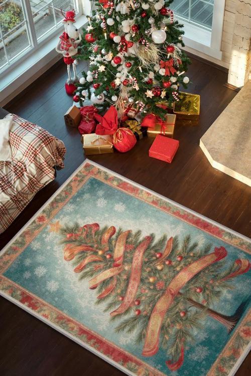 Yeni Yıl Temalı Halı Krem Kırmızı Renkli Yeni Yıl Parti Halısı Yılbaşı Hediyelik Halı