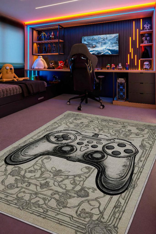 Gamer Odası Halısı,Krem Renkli Genç Odası Halısı,Renkli Oyuncu Odası Halı Çocuk Odası Halı