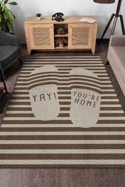 Oley Evdeyim Kahverengi Halı Dekoratif Salon Halısı Çizgili Krem Renkli Mutfak Halısı