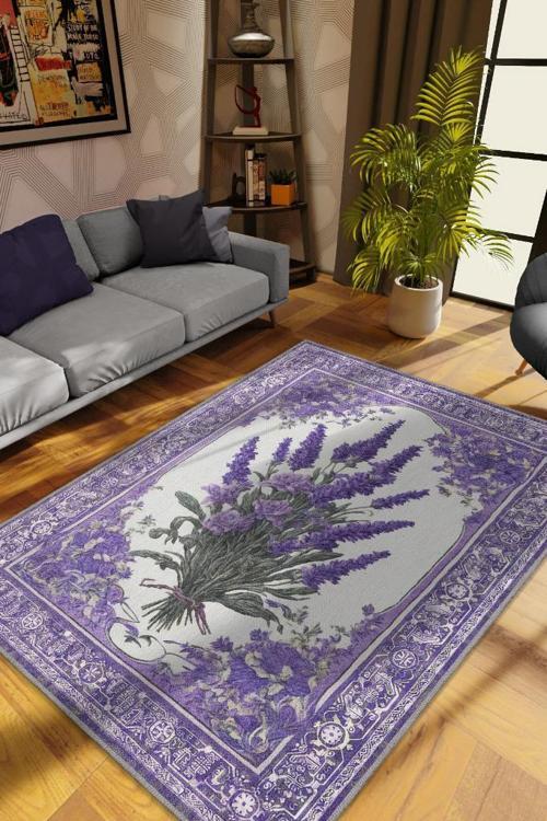 Art Deco Lavanta Çiçeği Vintage Halı Görünümlü Dijital Baskı Mor Halı,Rustik Çiçekli Halı