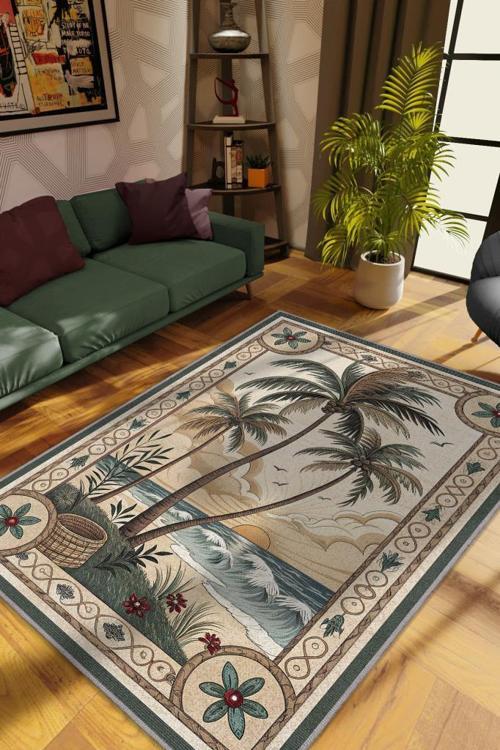 Art Deco Palmiye Ağacı Desenli Halı Bitki Temalı Yeşil Palmiye Desenli Dijital Baskı Halı