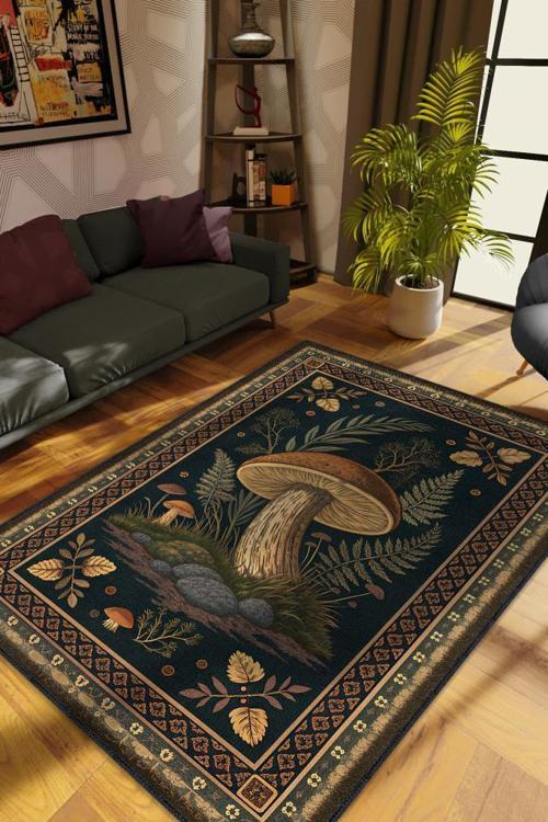 Art Deco Mantar Desenli Halı Bitki Temalı Krem Siyah Renk Modern Dijital Baskı Çiçekli Halı