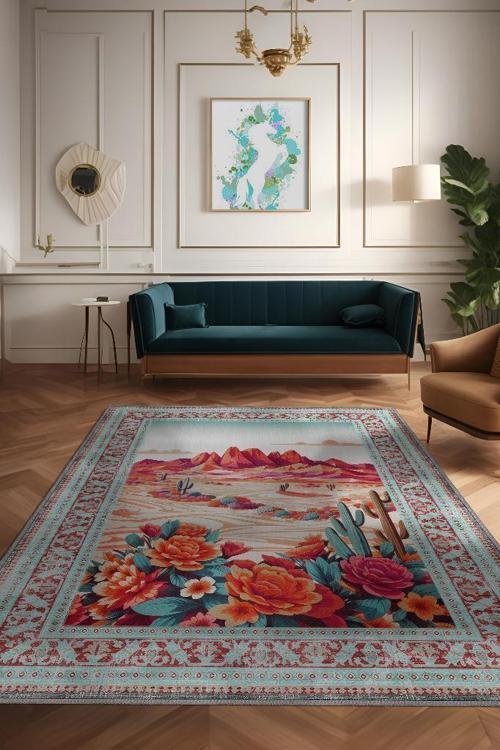 Çöl Manzarası Temalı Salon Halısı Çiçek Desenli Çok Renkli Etnik Oturma Odası Halısı