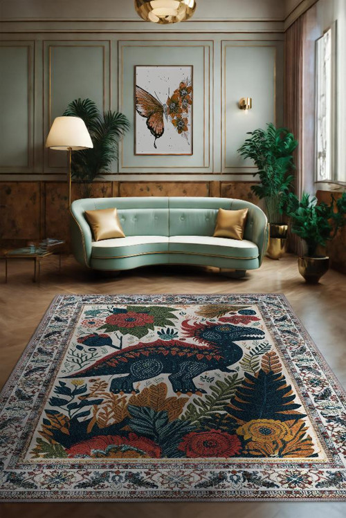 Nuh'un Gemisi Koleksiyonu Dinozor, Çiçek Desenli Art Deco Tarzı Vintage Halı,Çok Renkli Maksimalist Halı
