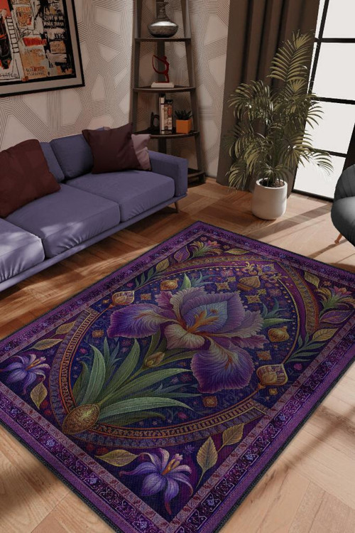 Art Deco Süsen Çiçeği Halısı Bitki Temalı Soft Mor Renk Etnik Dijital Baskılı Çiçekli Halı