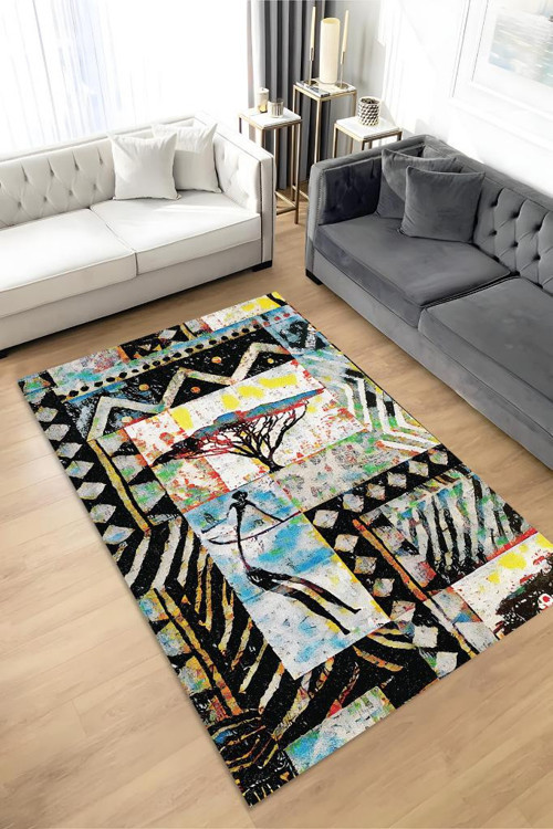 Afro Deco Geometrik Salon Halısı Etnik Desenli Halı Çok Renkli Oturma Odası Halısı