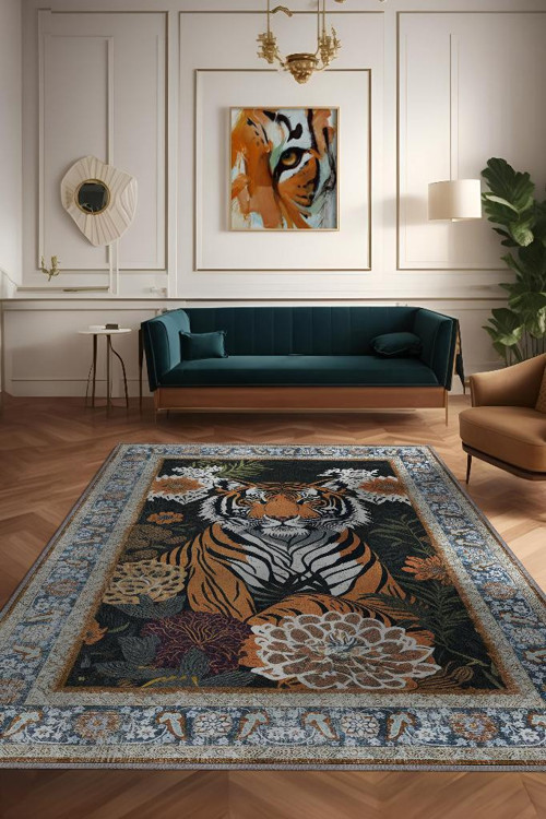 Nuh'un Gemisi Koleksiyonu Kaplan, Çiçek Desenli Art Deco Tarzı Vintage Halı,Çok Renkli Maksimalist Halı