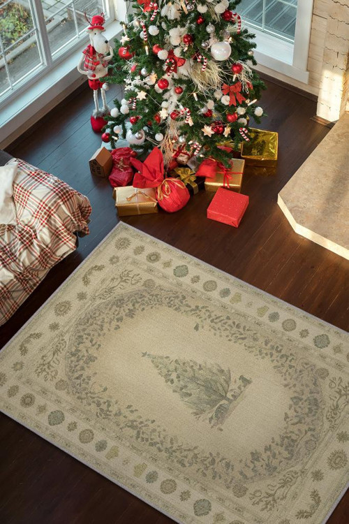 Yeni Yıl Temalı Halı Bej Renkli Yeni Yıl Parti Halısı Minimal Yılbaşı Temalı Hediyelik Halı
