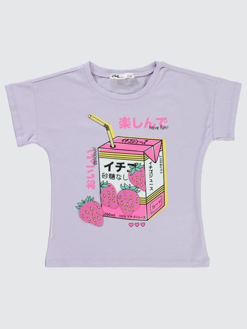 Anime Çilek Baskılı  2-5 Yaş Tişört - Lila5-6 Yaş