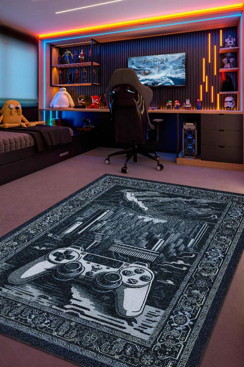 Benzersiz Gamer Halı,Lacivert Oyuncu Odası Halısı,Modern Vintage Oyun Konsolu Oyuncu Halısı