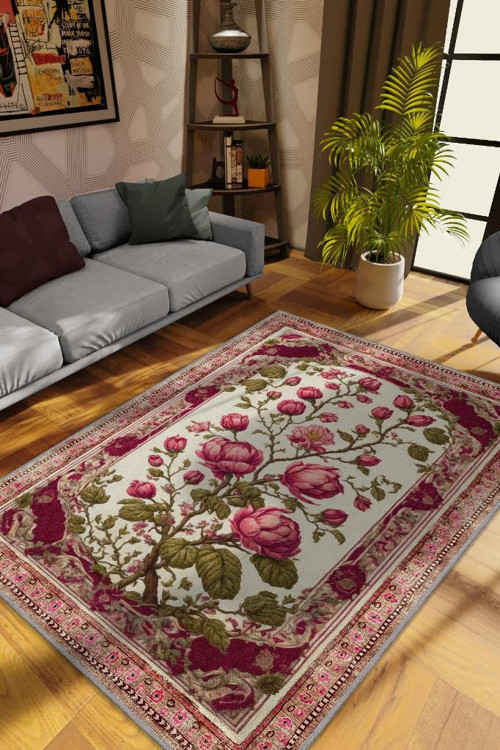 Art Deco Erguvan Çiçeği Vintage Halı Görünümlü Dijital Baskı Pembe Halı,Rustik Çiçekli Halı