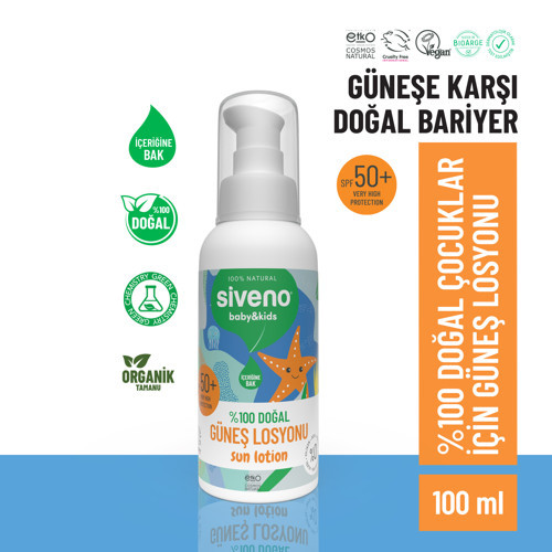 %100 Doğal Çocuk Güneş Losyonu Leke Karşıtı Antioksidan Nemlendirici Bitkisel Vegan SPF 50+ UVA UVB 100 ml