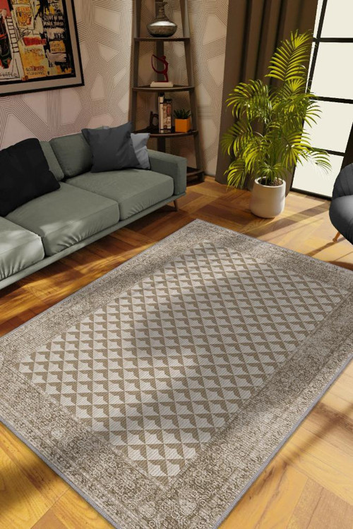 Etnik Desenli Kahverenkli Renkli Halı Vintage Bordürlü Halı Geometrik Desenli Dijital Baskı Halı