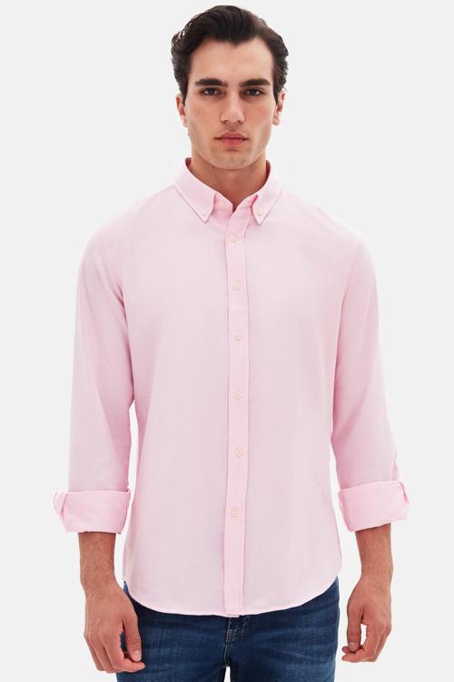 Ds Damat Slim Fit Pembe Armürlü Düğmeli Yaka Pamuklu Gömlek