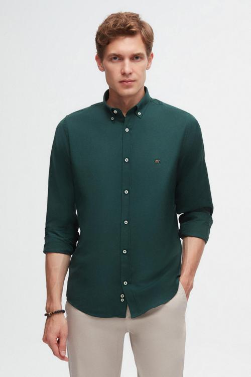 Slim Fit Yeşil Oxford Düğmeli Yaka Kolay Ütülenebilir Nakış Detaylı Pamuklu Gömlek