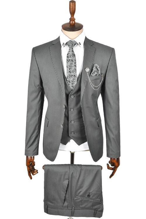 Erkek Gri Çift Düğme Çift Yırtmaç Çizgili Slim Fit 3 Lü Takım Elbise 2300162