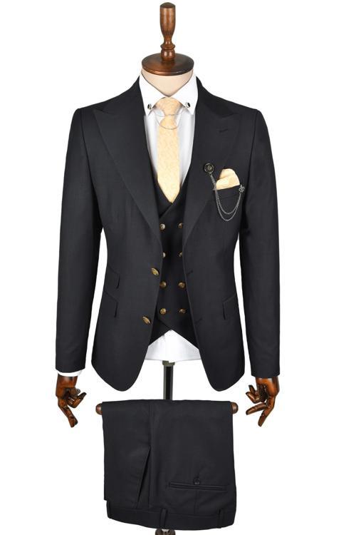 Erkek Siyah Sivri Yaka Slim Fit 3lü Takım Elbise 2300244