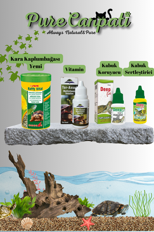 Kara Kaplumbağa Yem, Vitamin ve Kabuk Sertleştirici Bakım Seti (Sera Raffy Vital, Tur Axol Vitamin, Kabuk Koruyucu Jel, Kabuk Sertleştirici)