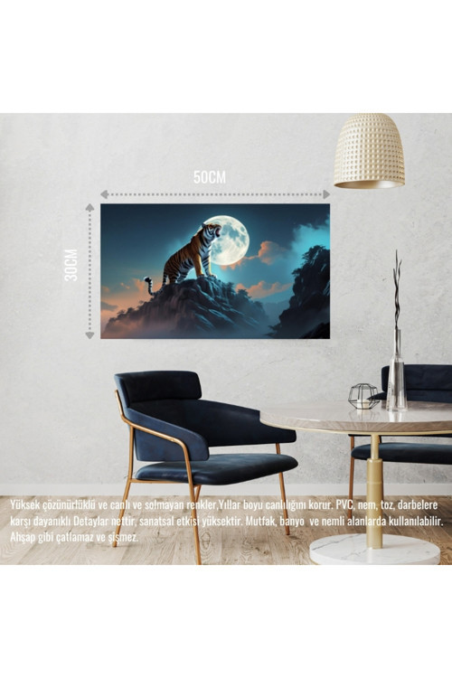 Kaplan Sisli Bir Dağda Aya Kükrüyor 03 Çerçevesiz 50X30 Cm Pvc Tablo