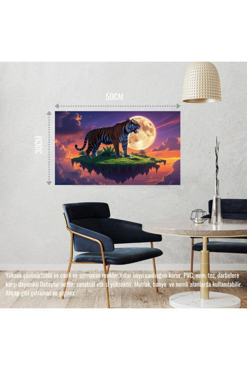 Kaplan Yüzden Adada Aya Kükrüyor 03 Çerçevesiz 50X30 Cm Pvc Tablo