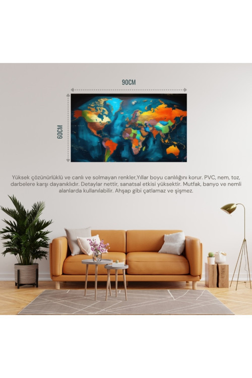 Dünya Harita Tablosu 03 Çerçevesiz 90X60Cm Pvc Tablo