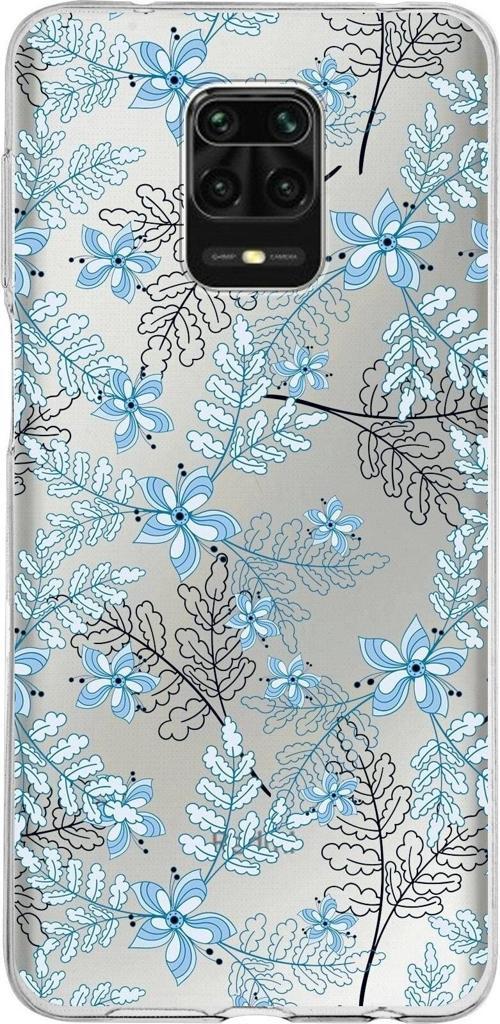 Xiaomi Redmi Note 9 Pro Uyumlu Kapak Floral Mavi Tasarımlı Şeffaf Silikon Kılıf
