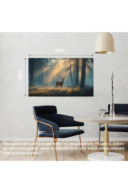 Geyik Sisli Ormanda Huzurlu Atmosfer 05 Çerçevesiz 50X30 Cm Pvc Tablo