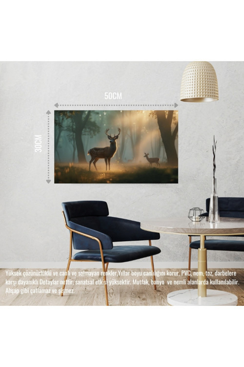 Geyik Sisli Ormanda Huzurlu Atmosfer 06 Çerçevesiz 50X30 Cm Pvc Tablo
