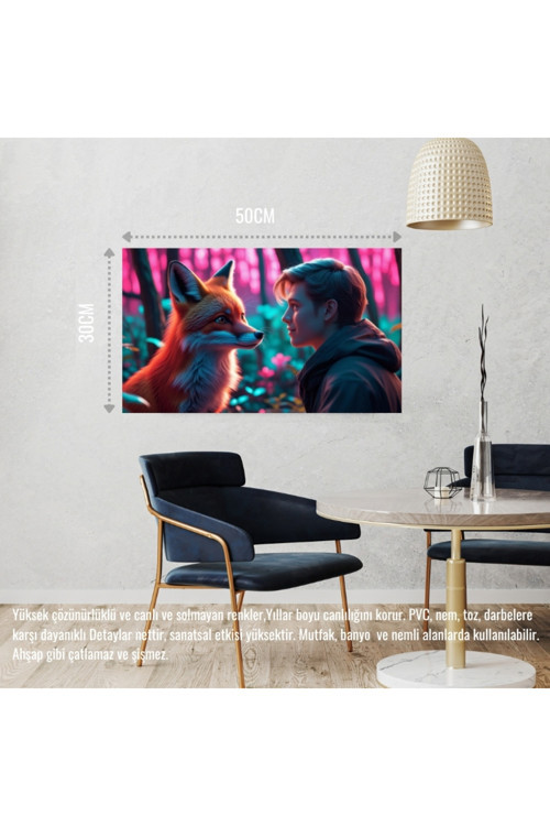 Tilki Neon Ormanda Bir İnsanla Etkileşim Mistik 02 Çerçevesiz 50X30 Cm Pvc Tablo