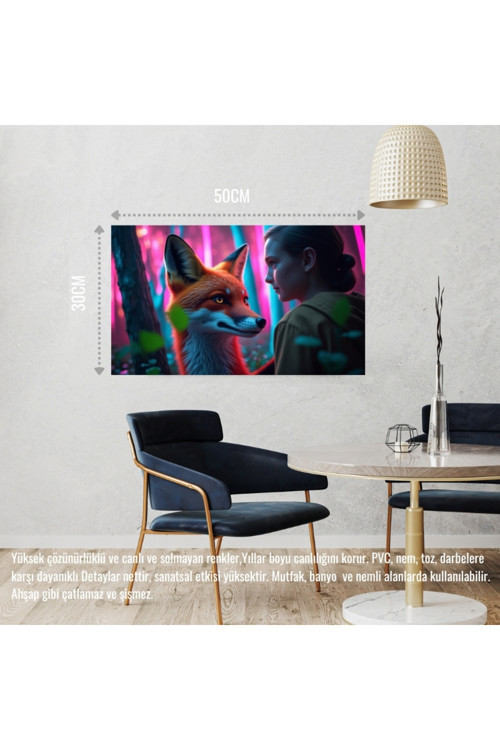 Tilki Neon Ormanda Bir İnsanla Etkileşim Mistik 03 Çerçevesiz 50X30 Cm Pvc Tablo