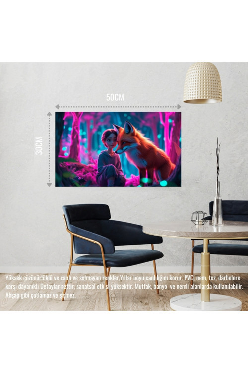 Tilki Neon Ormanda Bir İnsanla Etkileşim Mistik 04 Çerçevesiz 50X30 Cm Pvc Tablo