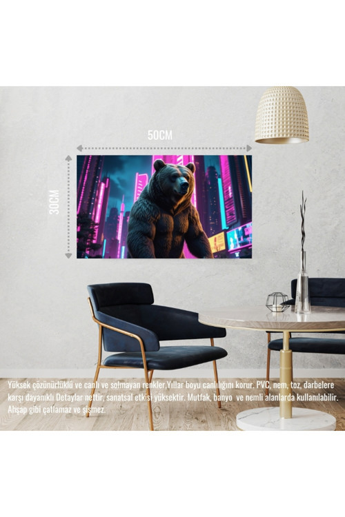 Siber Punk Dünyasında Heybetli Duran Ayı Neon Işıklar Altında 04 Çerçevesiz 50X30 Cm Pvc Tablo